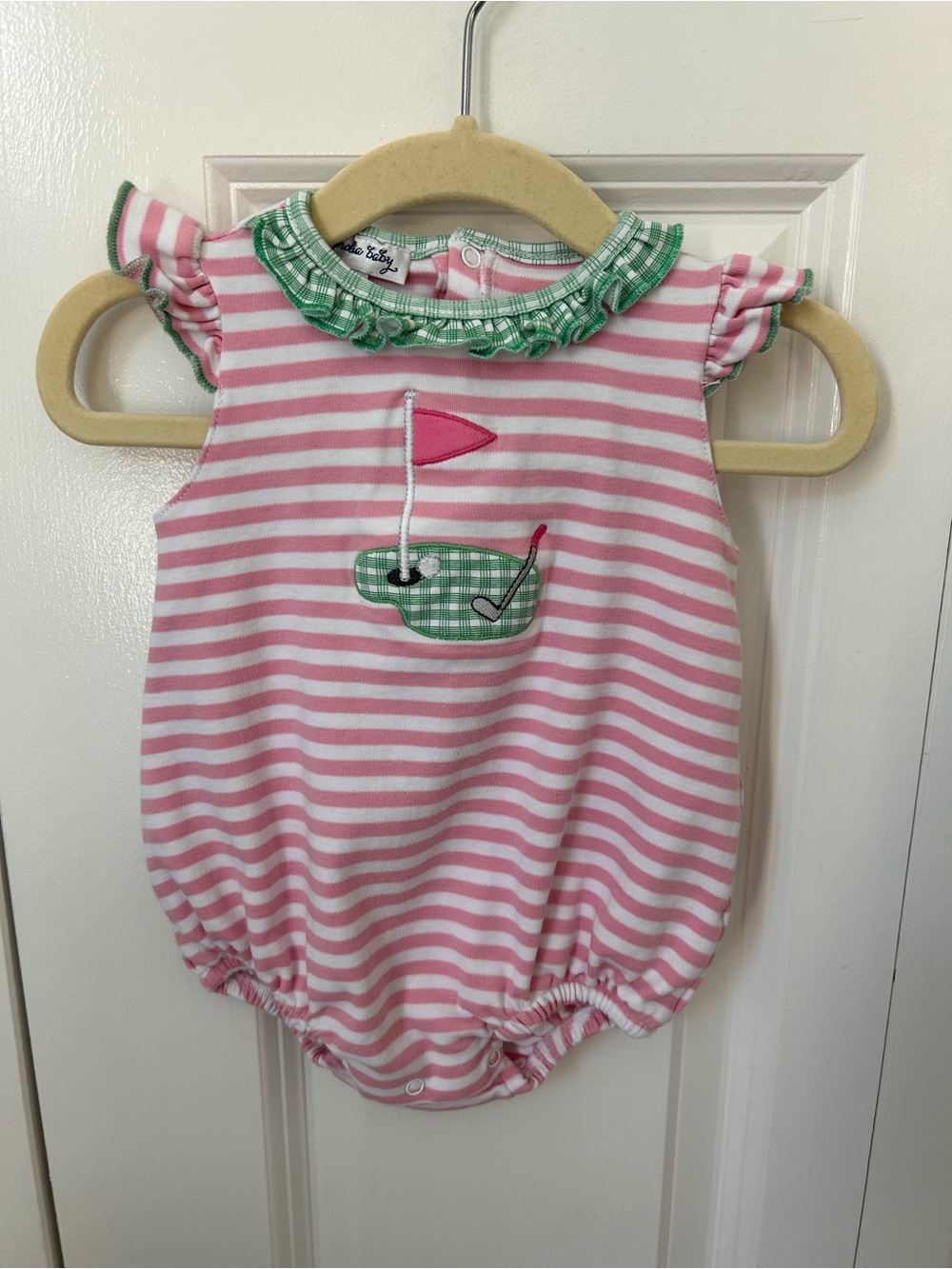 Magnolia Baby pink white striped golf embroidered applique bubble 12 month